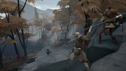 HD desktop wallpaper depicting a scene from the game Ashen with two characters exploring a misty, autumnal woodland.