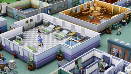 HD wallpaper of Two Point Hospital game featuring detailed hospital rooms with staff and patients.
