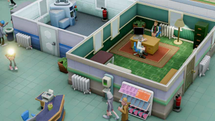 HD desktop wallpaper from Two Point Hospital game showing an animated hospital scene with characters and medical equipment.