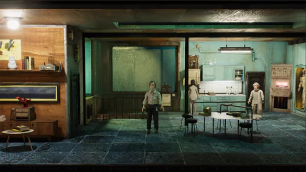 HD wallpaper of a scene from Harold Halibut, featuring characters in a detailed, atmospheric underwater station interior.