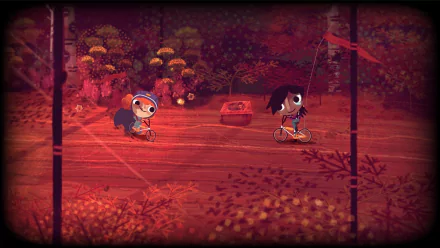 HD desktop wallpaper from Knights and Bikes featuring two animated characters riding bikes in a stylized forest setting.
