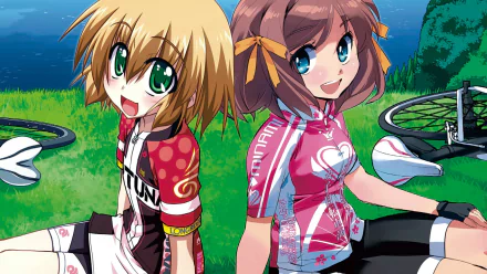 Anime Long Riders! HD PC desktop wallpaper and background showing two smiling cyclists in colorful jerseys sitting on grass by a lake, bicycles and a bright blue sky behind them.