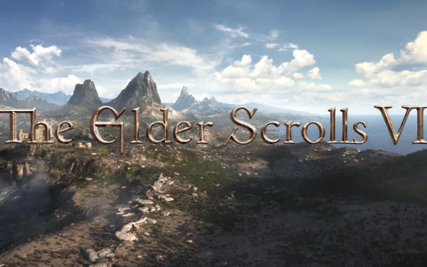 2K Quad HD PC desktop wallpaper of the video game The Elder Scrolls VI: sweeping mountainous landscape under a cloudy sky with the game's logo across the foreground.