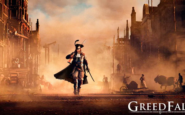 GreedFall video game HD PC desktop wallpaper and background: lone musketeer-like protagonist strides through a foggy colonial city street, silhouetted buildings and horses in the smoky distance.