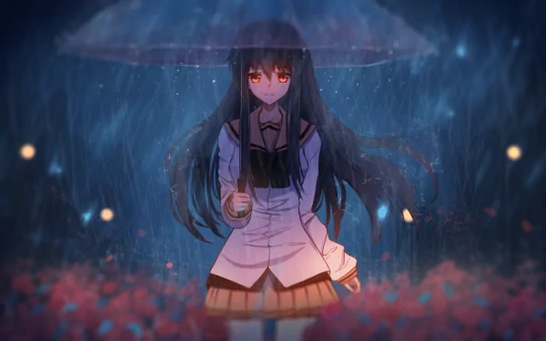 Anime-style HD PC desktop wallpaper from NOeSIS depicting a girl with long dark hair holding a transparent umbrella in a rainy, softly lit setting.
