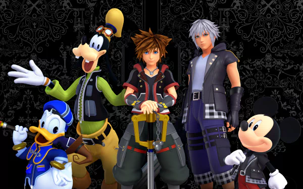 4K Ultra HD wallpaper featuring Kingdom Hearts III characters Sora, Riku, Goofy, Donald Duck, and Mickey Mouse against a dark patterned background.