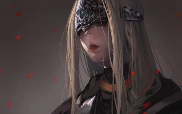 HD PC desktop wallpaper featuring the Fire Keeper from Dark Souls III, showcasing her detailed blindfold and long blonde hair with a dark, atmospheric background.