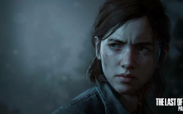 HD desktop wallpaper of Ellie from The Last of Us Part II, showcasing her intense and determined expression against a moody, dark background.