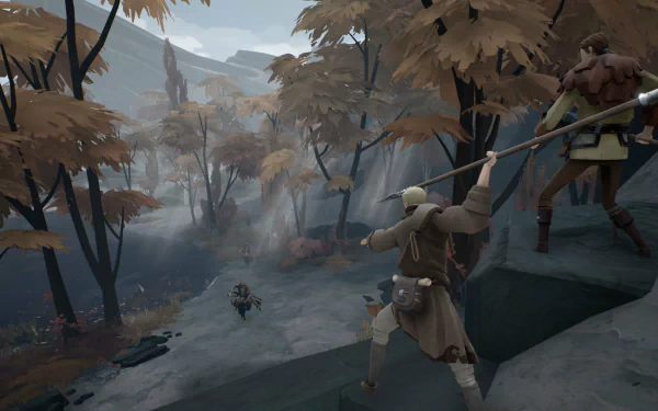 HD desktop wallpaper depicting a scene from the game Ashen with two characters exploring a misty, autumnal woodland.