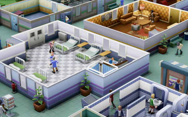 HD wallpaper of Two Point Hospital game featuring detailed hospital rooms with staff and patients.