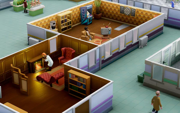 HD desktop wallpaper of Two Point Hospital showing in-game hospital layout with characters and various rooms.