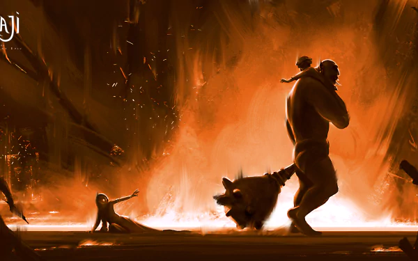 HD desktop wallpaper from Raji: An Ancient Epic, featuring silhouettes of a warrior and a mythical creature against an orange mystical backdrop.