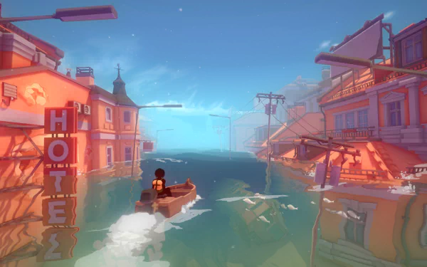HD desktop wallpaper from Sea of Solitude featuring a character rowing a boat in a flooded, colorful urban landscape.