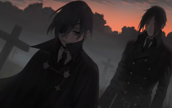 HD anime wallpaper featuring Sebastian Michaelis and Ciel Phantomhive from Black Butler, standing in a dark, moody graveyard at sunset.