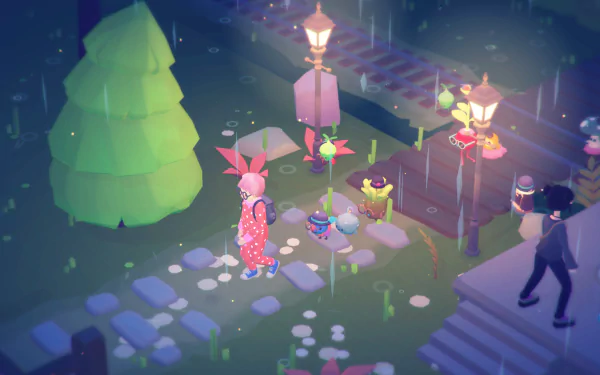 HD desktop wallpaper of Ooblets game featuring characters near a dock with colorful lights and a whimsical night setting.