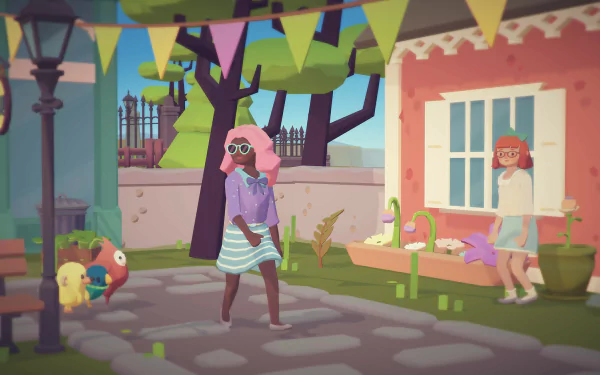 HD desktop wallpaper from Ooblets game, featuring an animated character with pink hair and creatures in a colorful village setting.
