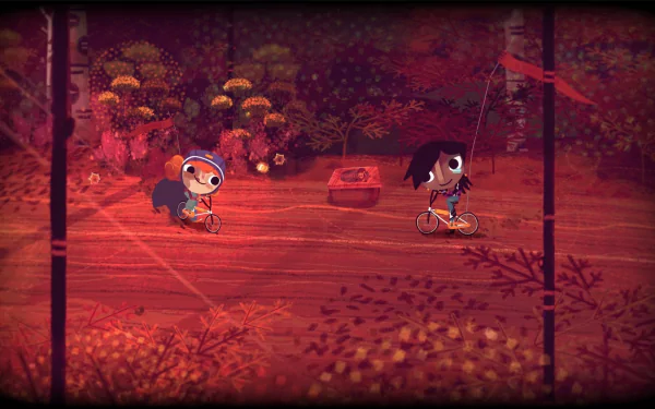 HD desktop wallpaper from Knights and Bikes featuring two animated characters riding bikes in a stylized forest setting.