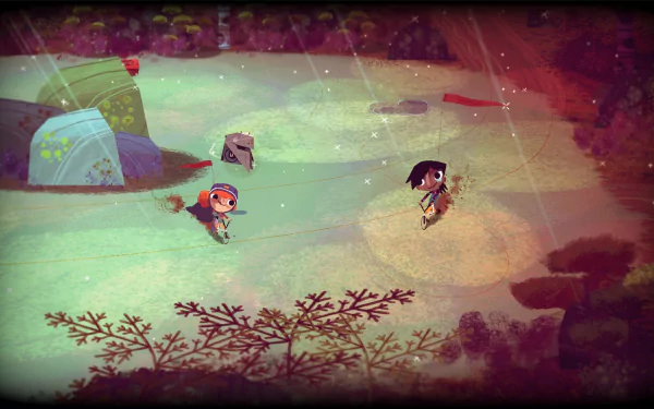 HD desktop wallpaper featuring characters from Knights and Bikes in a whimsical, colorful outdoor setting.