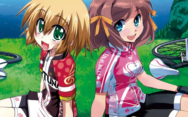 Anime Long Riders! HD PC desktop wallpaper and background showing two smiling cyclists in colorful jerseys sitting on grass by a lake, bicycles and a bright blue sky behind them.