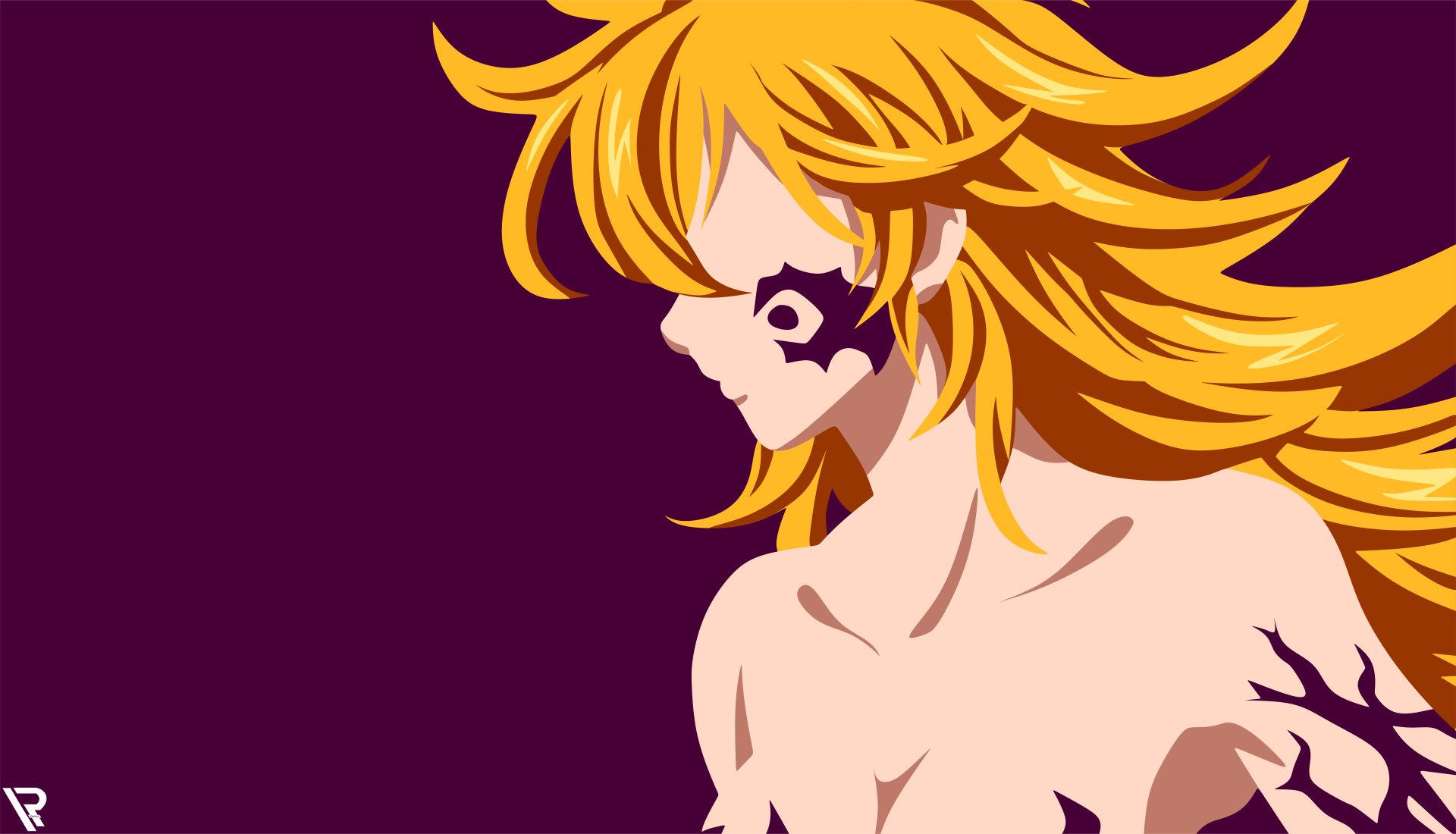 Minimalist 8K Ultra HD anime wallpaper featuring Derieri from The Seven Deadly Sins with long blonde hair and distinct tattoos on a deep purple background.