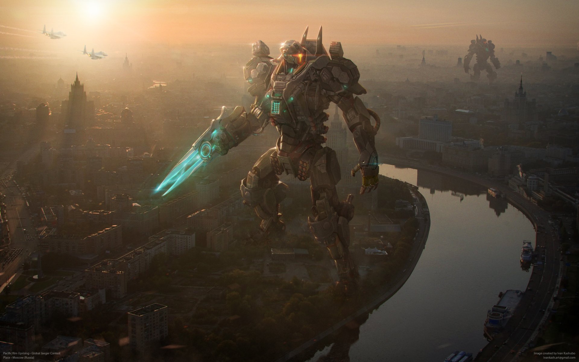 HD futuristic cityscape wallpaper featuring a towering robot with a glowing blue weapon, set in a sci-fi city at sunset with flying vehicles in the background.