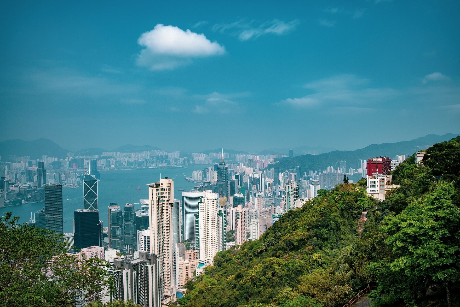 HD desktop wallpaper of Hong Kong, China skyline: towering skyscrapers and man-made buildings rising from green hills toward a bright blue sky over the harbor.