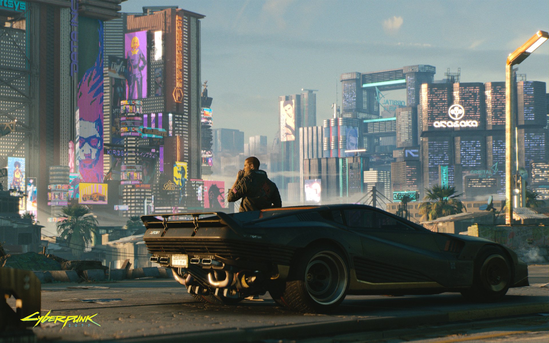HD Cyberpunk 2077 wallpaper featuring a character sitting on a futuristic car against a vibrant cityscape with neon billboards.