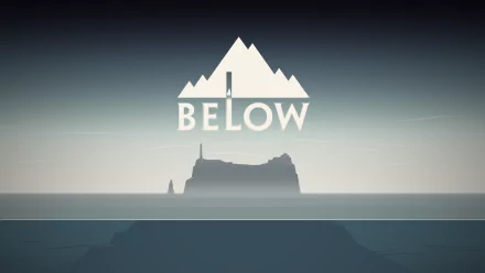 HD desktop wallpaper featuring the word BELOW with a stylized mountain logo above a shadowy island silhouette on a calm sea.