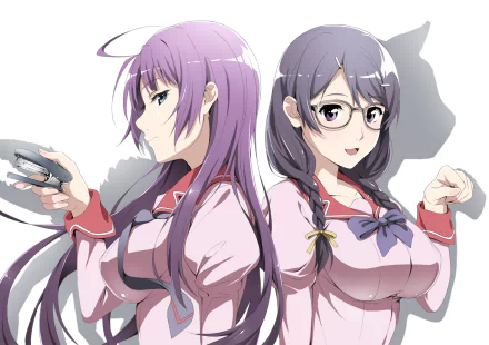 HD PC desktop wallpaper featuring anime characters Hitagi Senjōgahara and Tsubasa Hanekawa from the Monogatari series in detailed school uniforms.