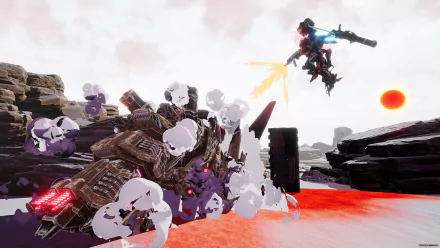 HD desktop wallpaper from Daemon X Machina featuring a mech battle on a rocky landscape with a red sun in the background.