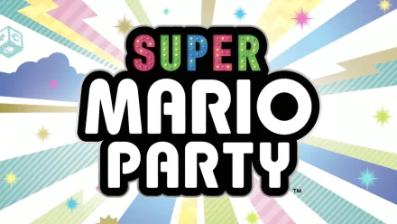 HD desktop wallpaper featuring the vibrant Super Mario Party logo with a burst of rays and stars in the background.