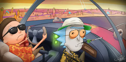 HD desktop wallpaper featuring Rick Sanchez and Morty Smith from Rick and Morty, styled with a Fear and Loathing in Las Vegas theme.