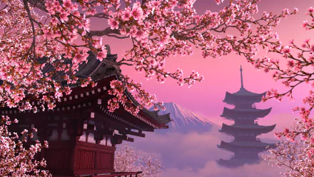 Artistic HD wallpaper featuring Mount Fuji and a traditional Japanese building with a pagoda, framed by blooming cherry blossoms against a vibrant, pink sky.