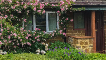 Artistic 4K Ultra HD PC desktop wallpaper and background of a stone building window framed by blooming pink rose bush and garden flowers.