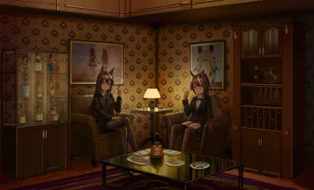 HD PC wallpaper featuring anime-style characters Symboli Rudolf and Tokai Teio from Uma Musume: Pretty Derby in a cozy, vintage room setting.