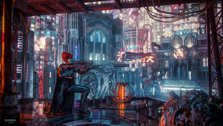 A futuristic cyberpunk cityscape with a red-haired woman warrior wielding a sniper rifle, set against neon-lit buildings in a detailed sci-fi HD desktop wallpaper.