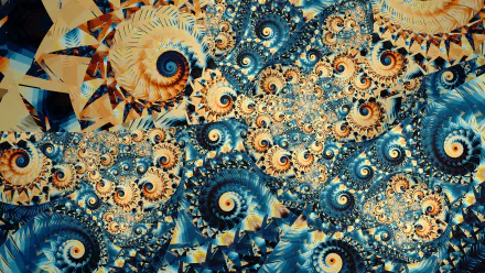 HD wallpaper featuring a psychedelic, trippy swirl with a colorful abstract and fractal pattern in blue, orange, and yellow.