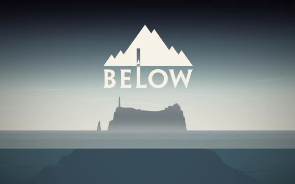 HD desktop wallpaper featuring the word BELOW with a stylized mountain logo above a shadowy island silhouette on a calm sea.