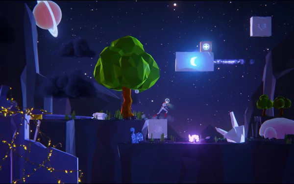 HD desktop wallpaper from Planet Alpha featuring a vibrant, night-time alien landscape with a character and floating platforms.