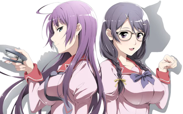 HD PC desktop wallpaper featuring anime characters Hitagi Senjōgahara and Tsubasa Hanekawa from the Monogatari series in detailed school uniforms.