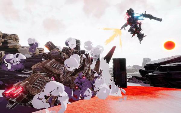 HD desktop wallpaper from Daemon X Machina featuring a mech battle on a rocky landscape with a red sun in the background.