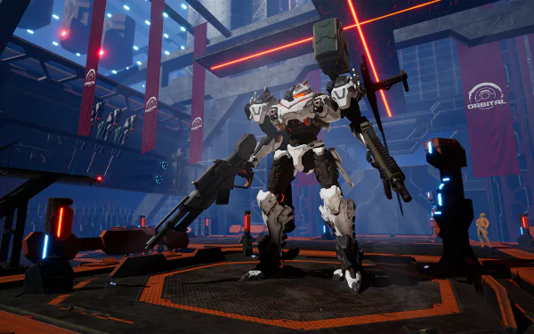 HD desktop wallpaper featuring a mech from Daemon X Machina in a futuristic hangar.