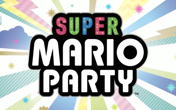 HD desktop wallpaper featuring the vibrant Super Mario Party logo with a burst of rays and stars in the background.