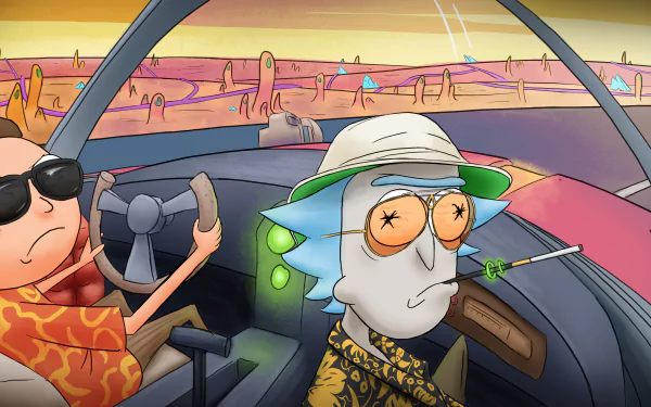 HD desktop wallpaper featuring Rick Sanchez and Morty Smith from Rick and Morty, styled with a Fear and Loathing in Las Vegas theme.