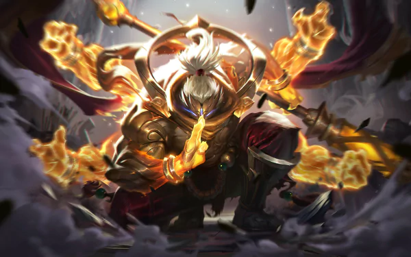 HD desktop wallpaper featuring Jax from League of Legends in an intense and fiery battle scene.
