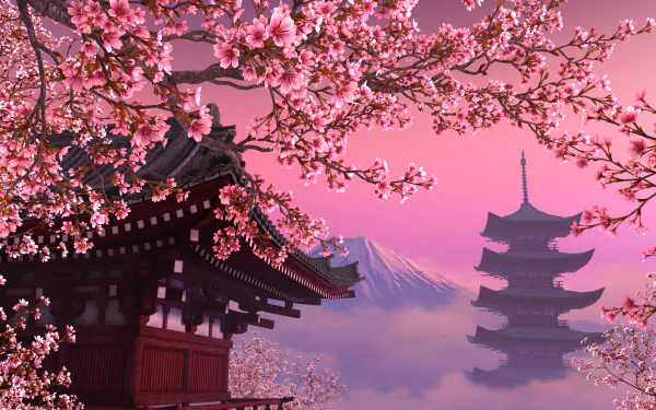 Artistic HD wallpaper featuring Mount Fuji and a traditional Japanese building with a pagoda, framed by blooming cherry blossoms against a vibrant, pink sky.