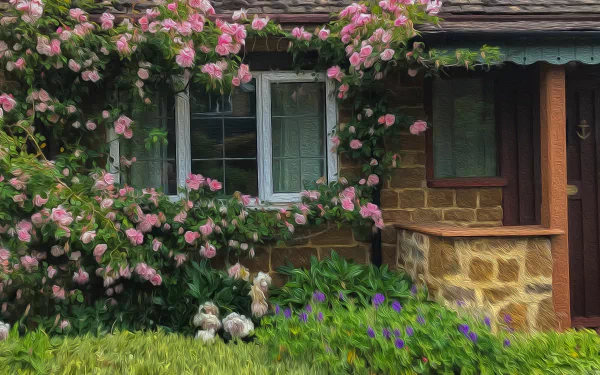 Artistic 4K Ultra HD PC desktop wallpaper and background of a stone building window framed by blooming pink rose bush and garden flowers.