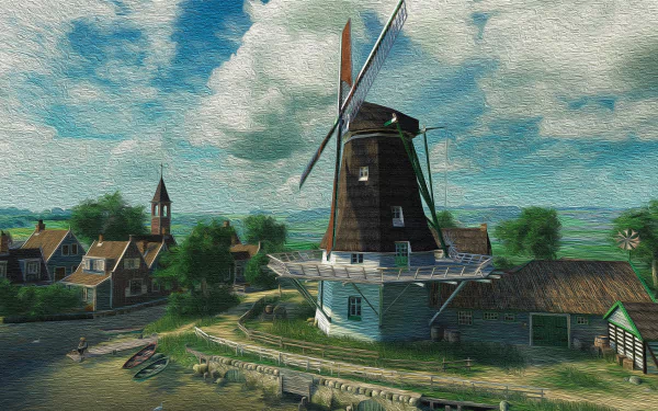4K Ultra HD wallpaper featuring a detailed man-made windmill set in a peaceful rural village under a partly cloudy sky.