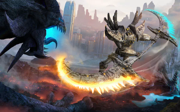 A fierce battle unfolds between a robotic warrior wielding a glowing weapon and a monstrous creature against the backdrop of a sprawling sci-fi city in 8K Ultra HD detail.