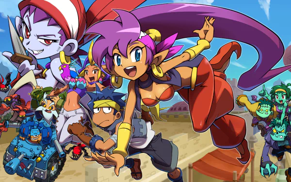 HD PC desktop wallpaper of the video game Shantae and the Pirate's Curse: Shantae mid-leap with flowing purple hair, surrounded by pirates and colorful allies against a bright seaside town backdrop.